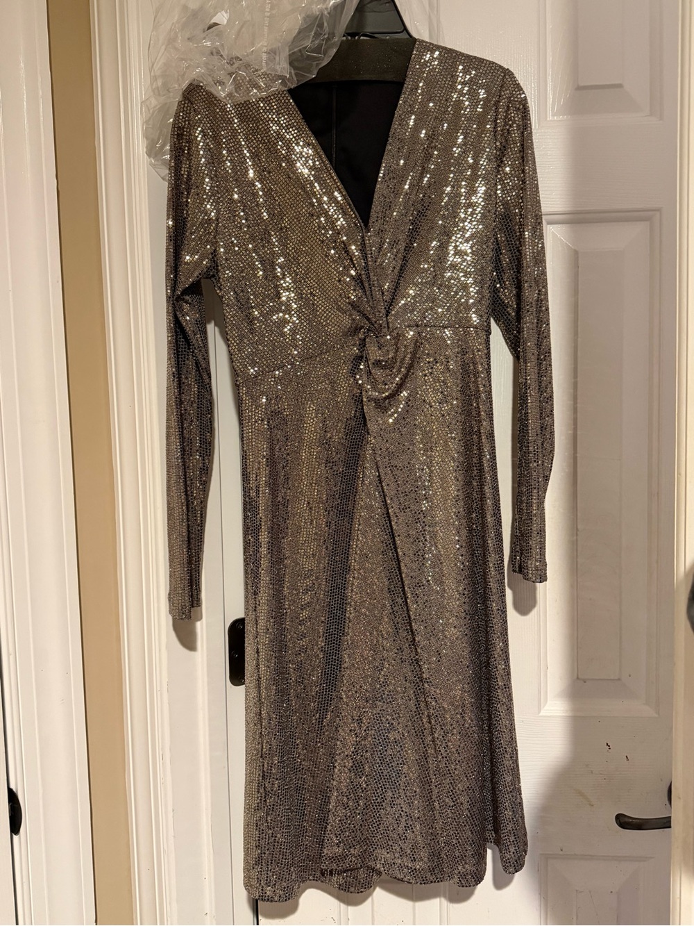 Elie Tahari Metallic Taupe Long Sleeve Twist-Front Sequin Dress